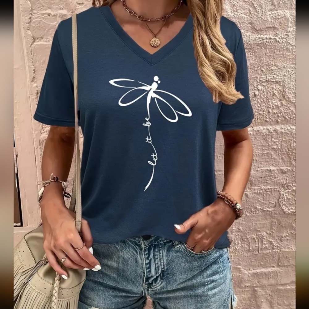 NEW Women's Blue "Let it be" Short sleeve V neck women's t shirt Large